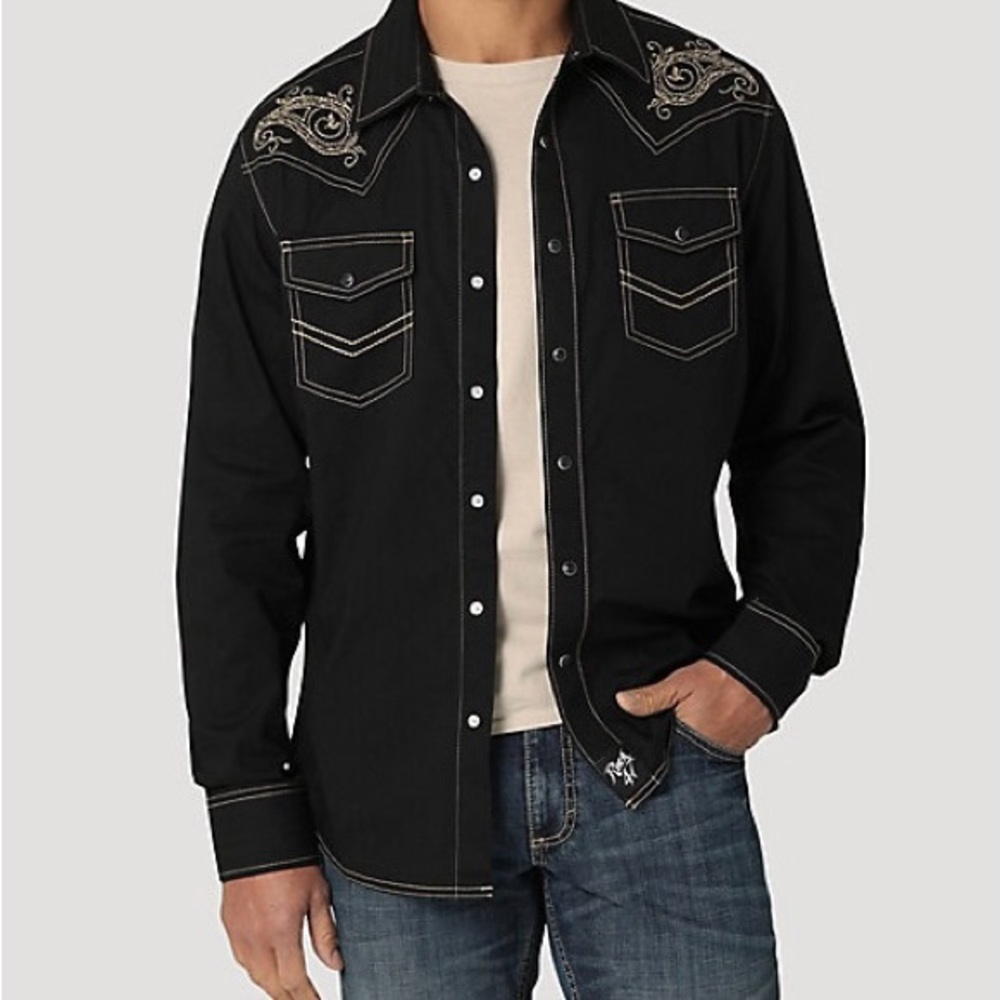 Rock 47 by Wrangler XL Long Sleeve Western Snap Embroidered Black Shirt